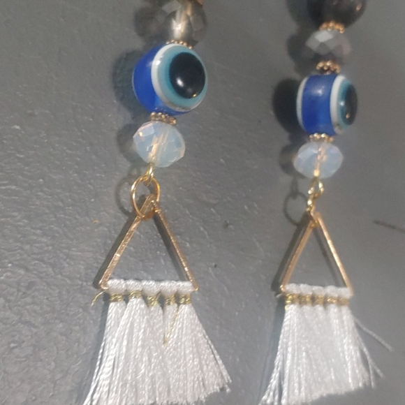 Handmade Tassle Dangle Earrings Evil Eye Fringe - Picture 5 of 5